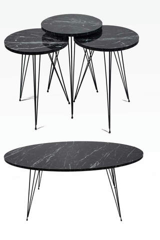Center Table And Nesting Table Set Wire Leg Black Marble Pattern Ellipse