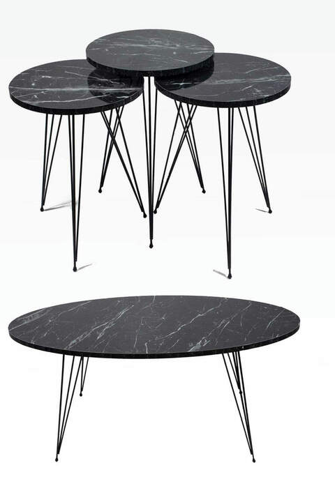 Tavolo centrale e tavolo a incastro con gambe in filo metallico, motivo in marmo nero, ellisse