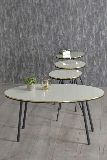 Set tavolo e centrotavola ellisse con gambe in metallo nero crema doppia oro