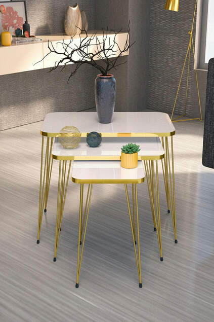 Nesting Table Kr and Center Table Kr Set Gold White Wire