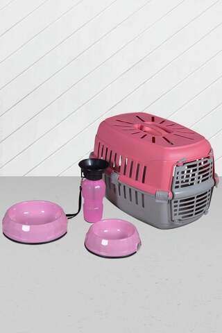 Cat Dog Carrying Bag Food Container And Drinker Pink