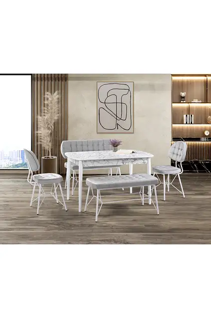 Set Tavolo Vegas Marmo Bianco & Panche Gözde Bianche HDR1274