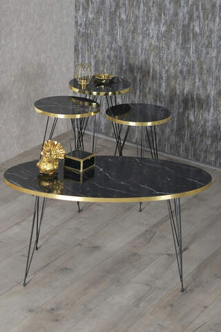 Nesting Table And Center Table Ellipse Set Black Metal Leg Double Gold Bar