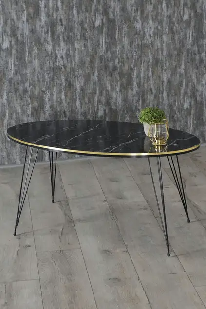 Nesting Table And Center Table Ellipse Set Black Wire Leg Double Gold White