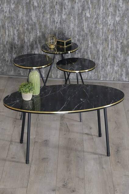 Nesting Table And Center Table Ellipse Set Black Metal Leg Double Gold Efes