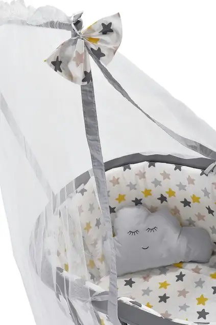 MDF Anthracite Basket Crib and Mustard Star Sleeping Set