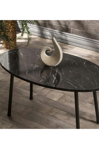 Center Table Metal Leg Ellipse Black Marble Pattern
