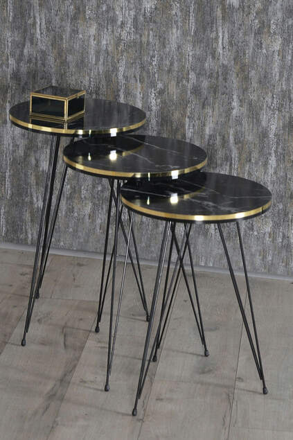 Nesting Table And Center Table Ellipse Set Black Wire Leg Double Gold White