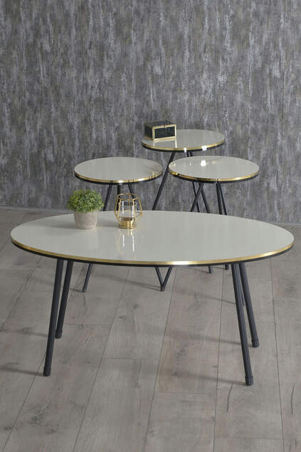 Set tavolo e centrotavola ellisse con gambe in metallo nero crema doppia oro