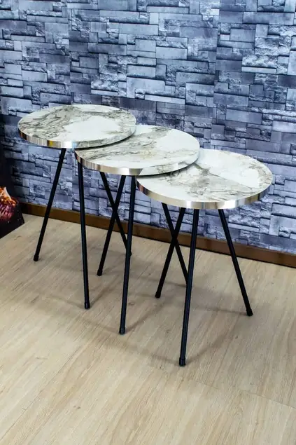 Zigon Sehpa 3'lü Siyah Metal Ayak Gümüş Efes