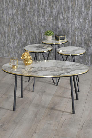 Nesting Table And Center Table Ellipse Set Black Metal Leg Double Gold Cream