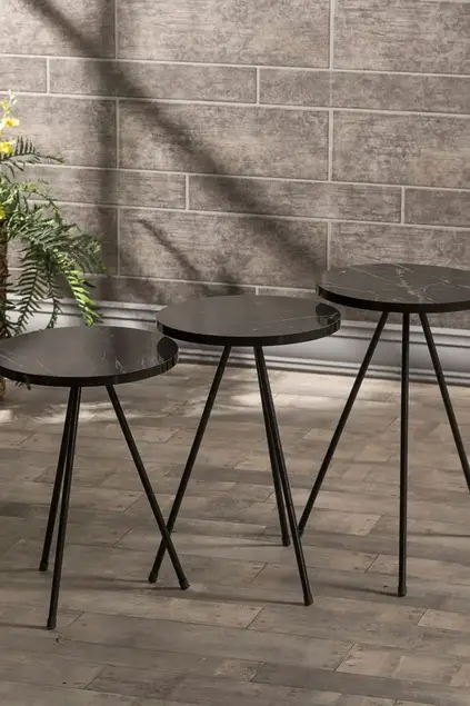 Zigon Sehpa Ve Orta Sehpa Set Kr Metal Mermer Desen Siyah