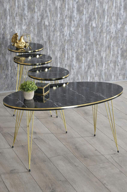 Nesting Table And Center Table Ellipse Black Metal Leg Gold Bendir Set