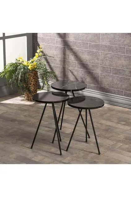 Nesting Table 3 Pcs Metal Leg Black Marble Pattern