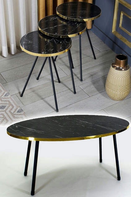 Set tavolo e tavolo centrale Ellipse con gamba in metallo nero e oro Bendir