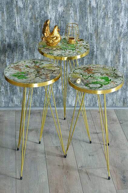 Nesting Table Gold Map Pattern Wire
