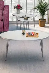 Zigon Sehpa Ve Orta Sehpa Elips Set Gümüş Beyaz Tel