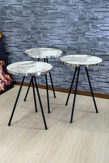 Zigon Sehpa 3'lü Siyah Metal Ayak Gümüş Efes