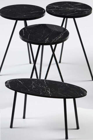 Nesting Table And Center Table Set Metal Ellipse Black Marble Pattern