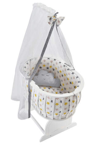 MDF White Basket Crib and Mustard Star Sleeping Set