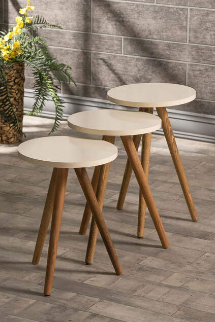Nesting Table And Center Table Set Wood Lathe Ellipse Cream
