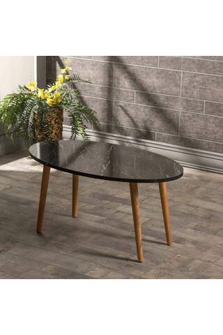 Center Table Wood Lathe Ellipse Black Marble Pattern
