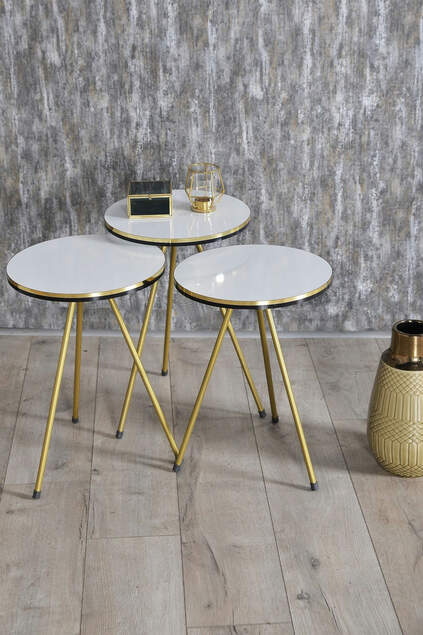 Nesting Table And Center Table Ellipse Set Double Gold White Wire