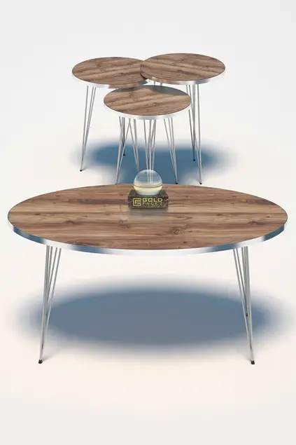 Satztisch und Mitteltisch Ellipse Set Silber Nussbaum Draht