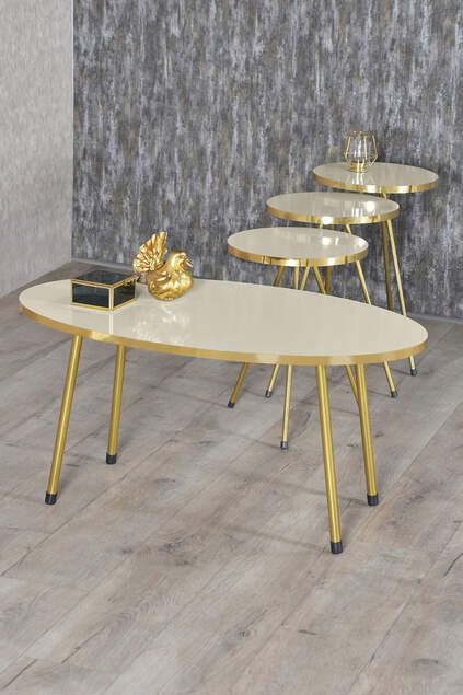 Satztisch und Mitteltisch Ellipse Gold Metallbeine Gold Creme Set