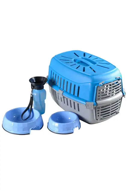 Cat Dog Carrying Bag Food Container And Drinker Blue