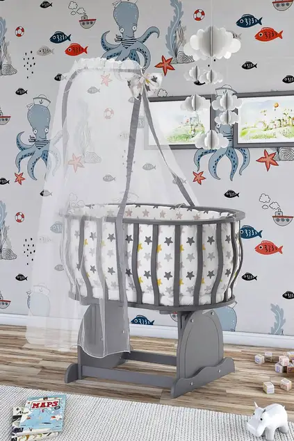 MDF Anthracite Basket Crib and Mustard Star Sleeping Set