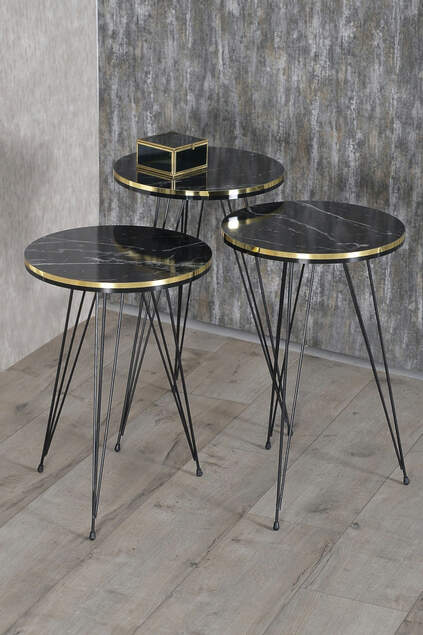 Nesting Table And Center Table Ellipse Set Black Wire Leg Double Gold White