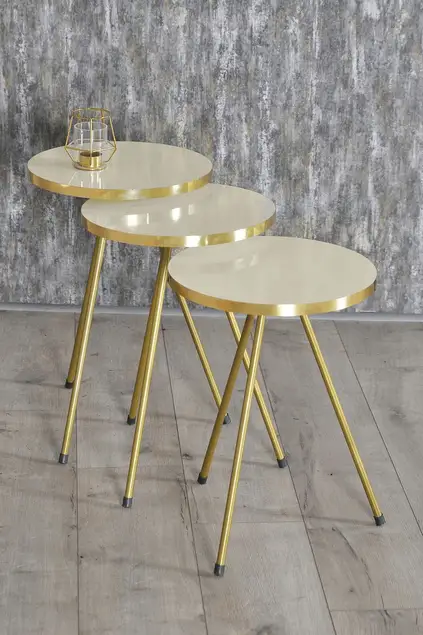 Nesting Table And Center Table Ellipse Cream Set Metal Leg Double Gold