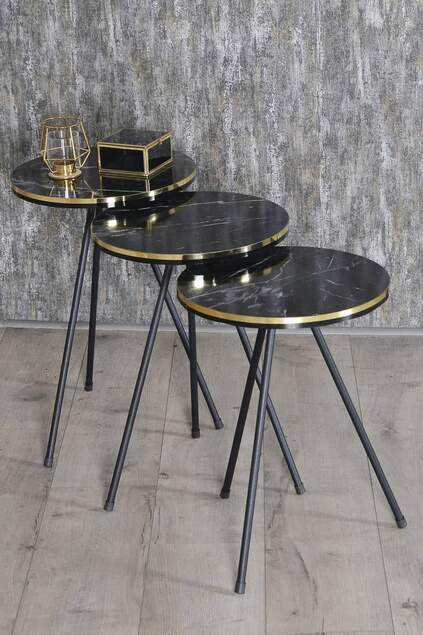 Tavolo impilabile e tavolo centrale Ellipse Set Gamba in metallo nero Doppia barra d'oro