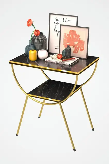Side Table Nightstand Black-Gold Double Strip Metal Leg Gold Bendir