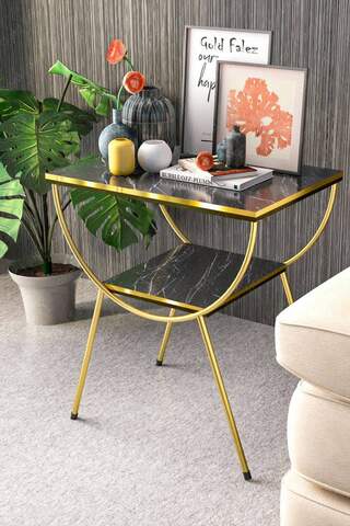 Side Table Nightstand Black-Gold Double Strip Metal Leg Gold Bendir