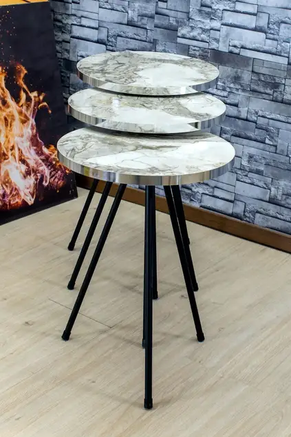 Zigon Sehpa 3'lü Siyah Metal Ayak Gümüş Efes