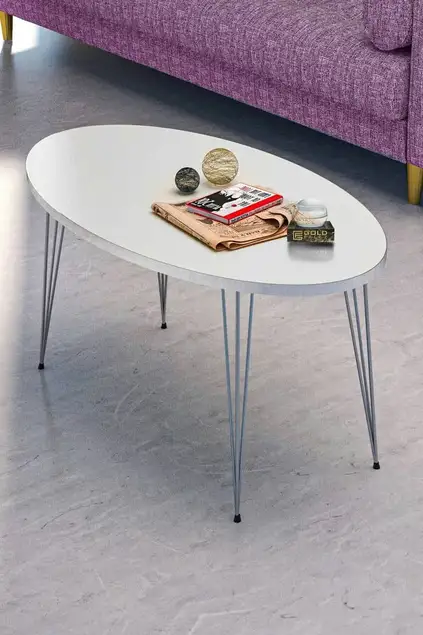 Zigon Sehpa Ve Orta Sehpa Elips Set Gümüş Beyaz Tel