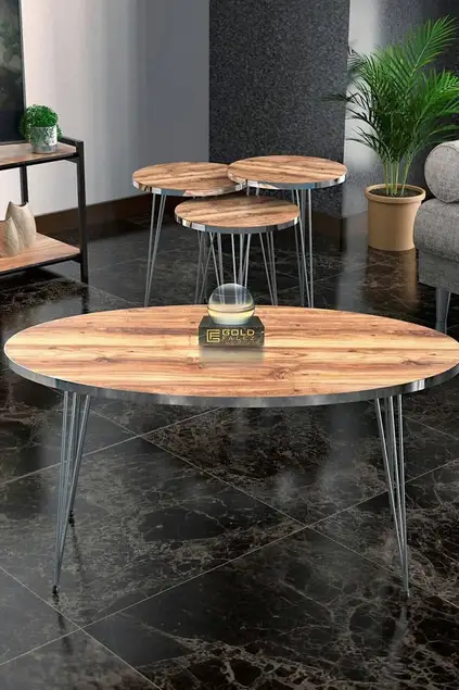 Satztisch und Mitteltisch Ellipse Set Silber Nussbaum Draht