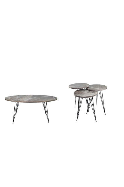 Tavolo centrale ellisse con motivo in marmo grigio con gamba in filo metallico grande e tavolo a incastro