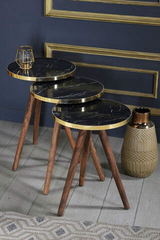 Nesting Table 3-Set Wooden Turned Leg Gold Bendir