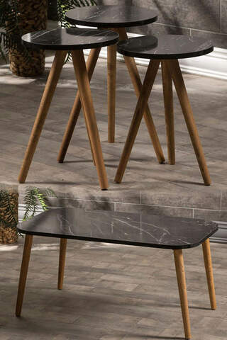 Satztisch und Mitteltisch aus Holz, Kr-Drehbank, schwarzes Marmormuster