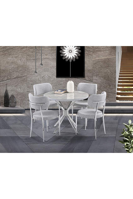 Ceyda Grauer Marmor Runder Tisch & Atlas Chrom Stuhl Set HDR1280