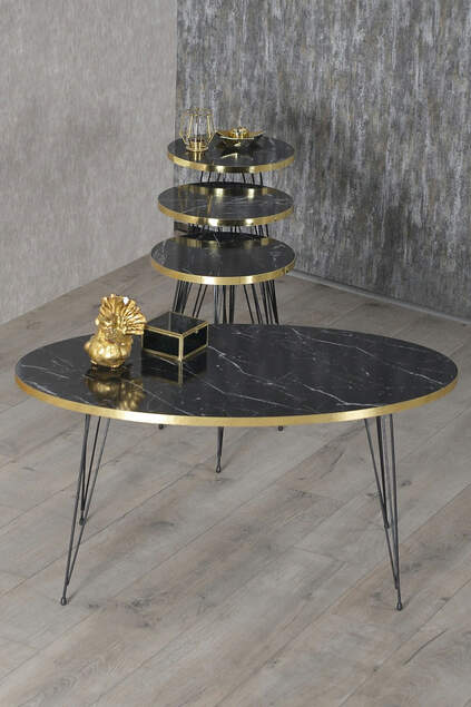 Tavolo impilabile e tavolo centrale Ellipse Set gamba nera filo Bendir oro