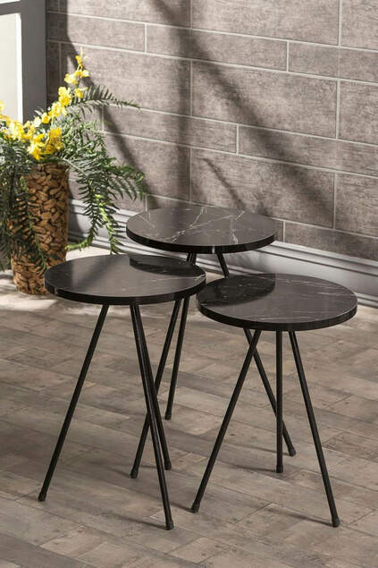 Satztisch und Tisch in der Mitte, Metall, Ellipse, schwarzes Marmormuster