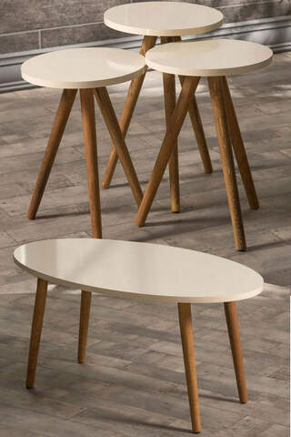 Nesting Table And Center Table Set Wood Lathe Ellipse Cream