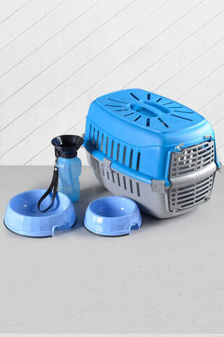 Cat Dog Carrying Bag Food Container And Drinker Blue