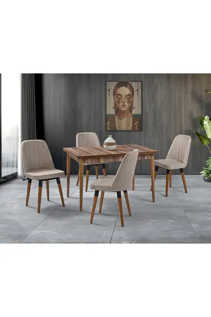 Mix Nussbaum Tisch & Vollmond Nussbaum Stuhl Set HDR1259