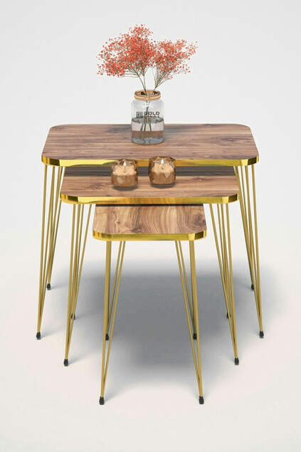 Nesting Table Kr and Center Table Kr Set Gold Walnut Wire