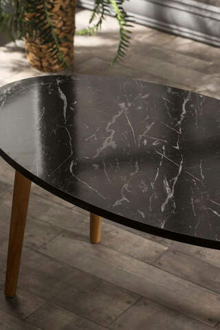 Nesting Table And Center Table Set Wooden Lathe Ellipse Black Marble Pattern